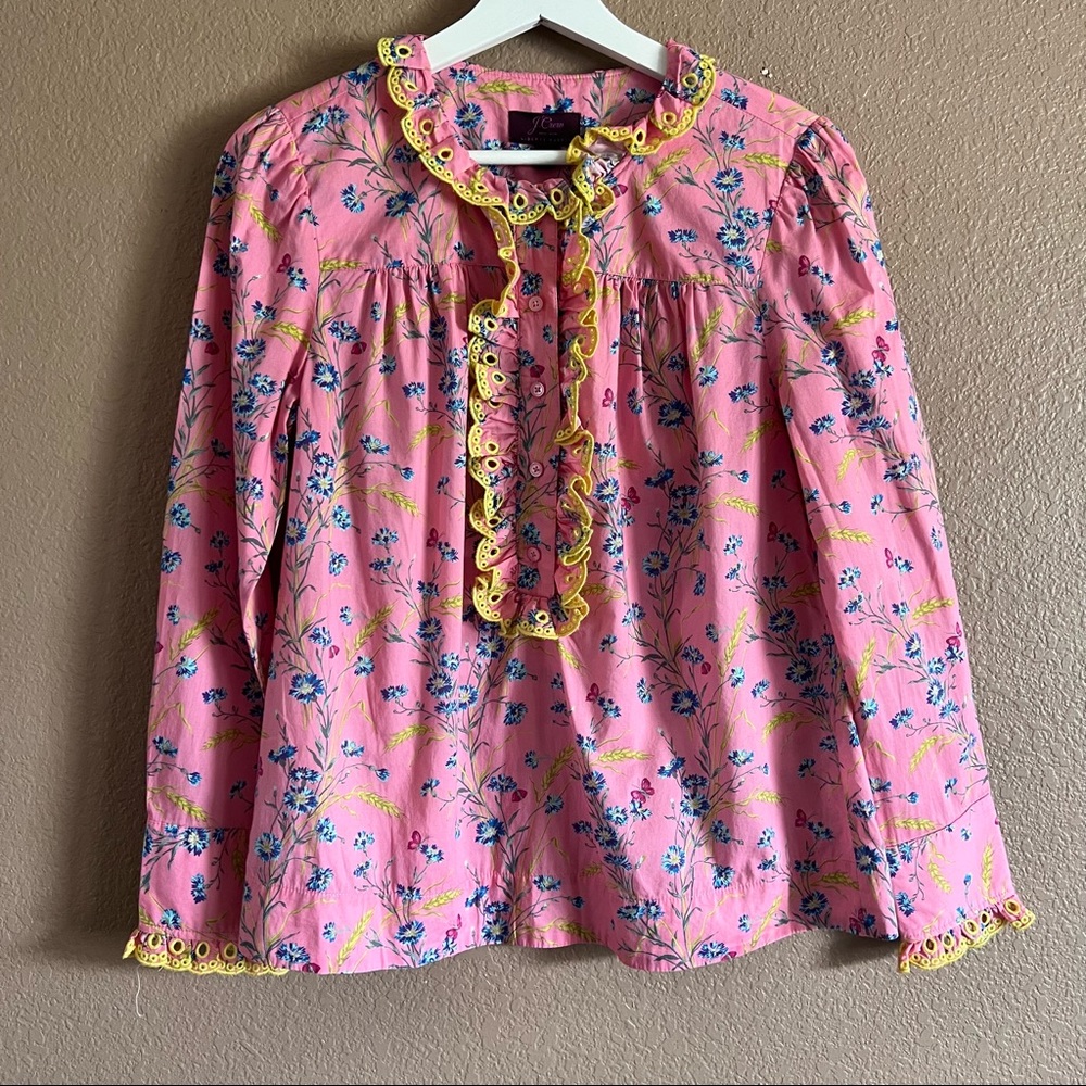 J Crew Liberty Wheat Bouquet Poplin Ruffle Blouse Size XS